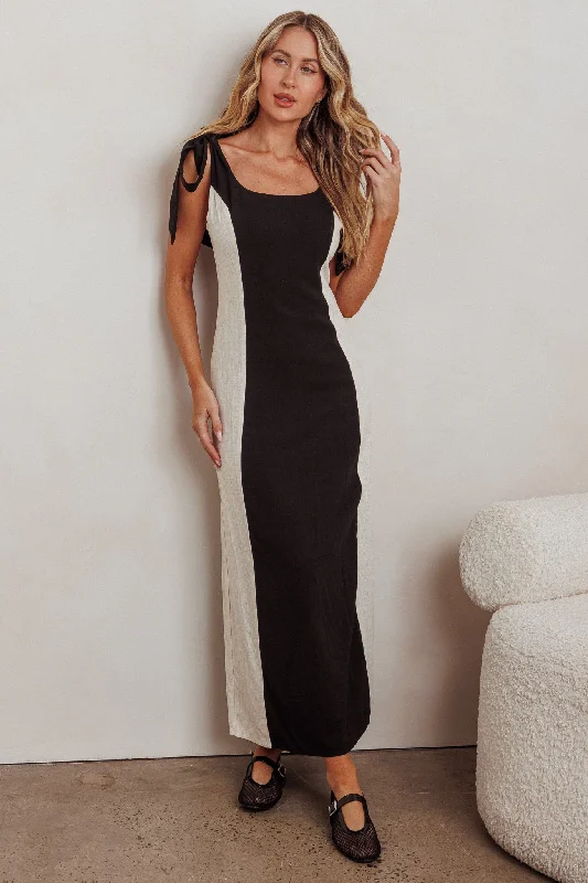 Backless Women Dress for a Sexy and Alluring Look at Evening EventsKiss City Tied Shoulders Contrast Maxi Dress Black/Oat Backless Women Dress for a Sexy and Alluring Look at Evening EventsKiss City Tied Shoulders Contrast Maxi Dress Black/Oat