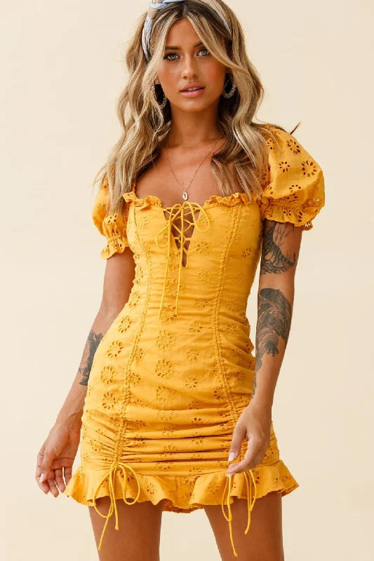 Plus Size Women Dress with a Flattering A - Line Cut for Comfort and StyleLa Quinta Lace-Up Bust Drawstring Detail Anglaise Dress Yellow Plus Size Women Dress with a Flattering A - Line Cut for Comfort and StyleLa Quinta Lace-Up Bust Drawstring Detail Anglaise Dress Yellow