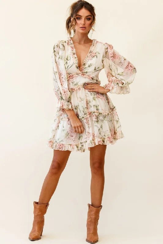 Halter Neck Women Dress to Show Off the Shoulders and NecklineLaney Cutout Back Ruffle Trim Dress Hydrangea Print Nude Halter Neck Women Dress to Show Off the Shoulders and NecklineLaney Cutout Back Ruffle Trim Dress Hydrangea Print Nude