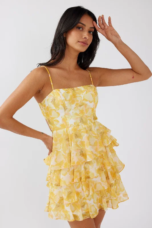Backless Women Dress for a Sexy and Alluring Look at Evening EventsLauran Tied Back Frill Dress Floral Yellow Backless Women Dress for a Sexy and Alluring Look at Evening EventsLauran Tied Back Frill Dress Floral Yellow
