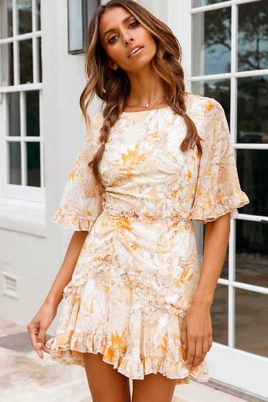 Sleeveless Women Dress in Bright Colors for Summer PartiesLeona Half Sleeve Frill Trim Dress Leaf Print Yellow Multi Sleeveless Women Dress in Bright Colors for Summer PartiesLeona Half Sleeve Frill Trim Dress Leaf Print Yellow Multi