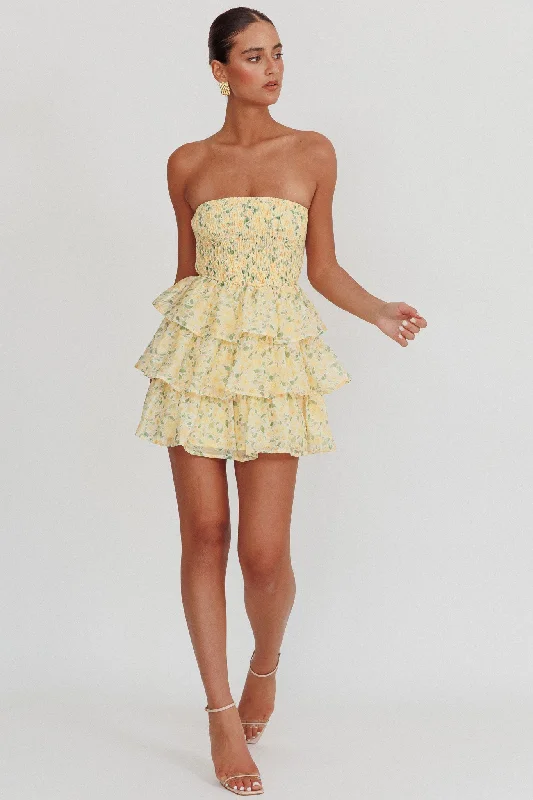 Sleeveless Women Dress in Bright Colors for Summer PartiesLike Angels Shirred Bodice Ruffle Mini Dress Yellow Sleeveless Women Dress in Bright Colors for Summer PartiesLike Angels Shirred Bodice Ruffle Mini Dress Yellow