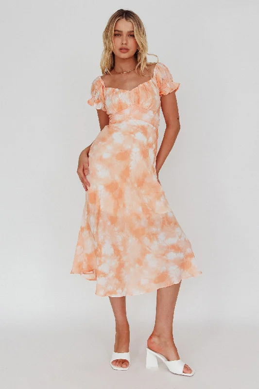 Printed Abstract Women Dress for a Modern and Artistic AppealLinka Puff Sleeve Midi Dress Tie-Dye Orange Printed Abstract Women Dress for a Modern and Artistic AppealLinka Puff Sleeve Midi Dress Tie-Dye Orange