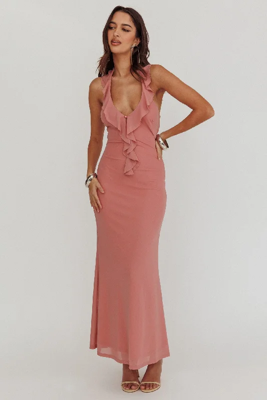 Sleeveless Women Dress in Bright Colors for Summer PartiesLive Loud Ruffle Halterneck Maxi Dress Rose Sleeveless Women Dress in Bright Colors for Summer PartiesLive Loud Ruffle Halterneck Maxi Dress Rose