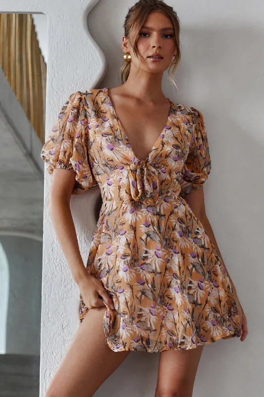 Sheath Women Dress with a Tailored Fit for a Professional LookMadison Bow Tie Bust Puff Sleeve Dress Floral Orange Sheath Women Dress with a Tailored Fit for a Professional LookMadison Bow Tie Bust Puff Sleeve Dress Floral Orange