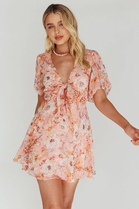 Lace - Embellished Women Dress for an Elegant and Sophisticated AppearanceMadison Bow Tie Bust Puff Sleeve Dress Flowers Orange Lace - Embellished Women Dress for an Elegant and Sophisticated AppearanceMadison Bow Tie Bust Puff Sleeve Dress Flowers Orange