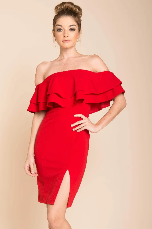 Halter Neck Women Dress to Show Off the Shoulders and NecklineManilla Ruffle Bodycon Dress Red Halter Neck Women Dress to Show Off the Shoulders and NecklineManilla Ruffle Bodycon Dress Red