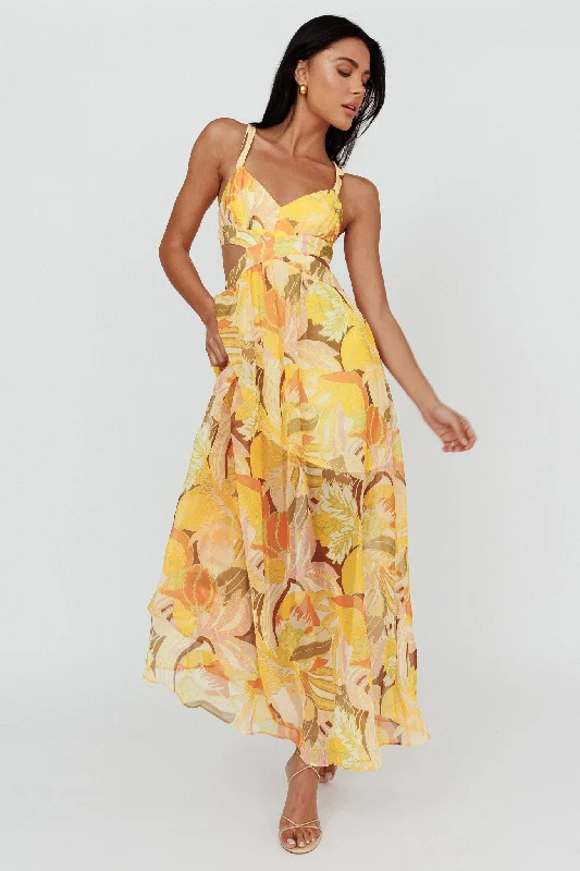 Strapless Women Dress with a Built - in Bra for Comfort and SupportMaura Lace-Up Back Maxi Dress Floral Yellow Strapless Women Dress with a Built - in Bra for Comfort and SupportMaura Lace-Up Back Maxi Dress Floral Yellow