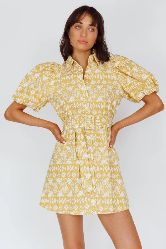 Off - the - Shoulder Women Dress for a Romantic and Feminine LookNanette Puff Sleeve Belted Mini Dress Print Yellow Off - the - Shoulder Women Dress for a Romantic and Feminine LookNanette Puff Sleeve Belted Mini Dress Print Yellow