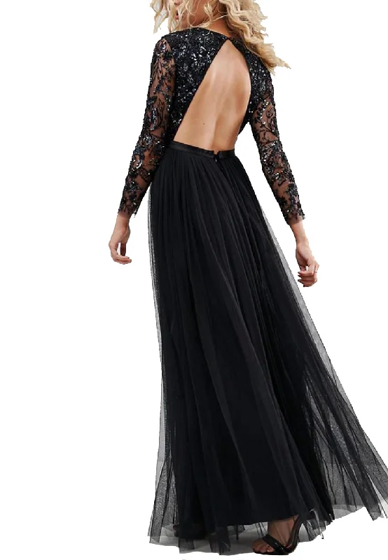Shift Women Dress with a Simple and Classic Design for Everyday WearBlack Embellished Sheer Sleeves Backless Gown Shift Women Dress with a Simple and Classic Design for Everyday WearBlack Embellished Sheer Sleeves Backless Gown