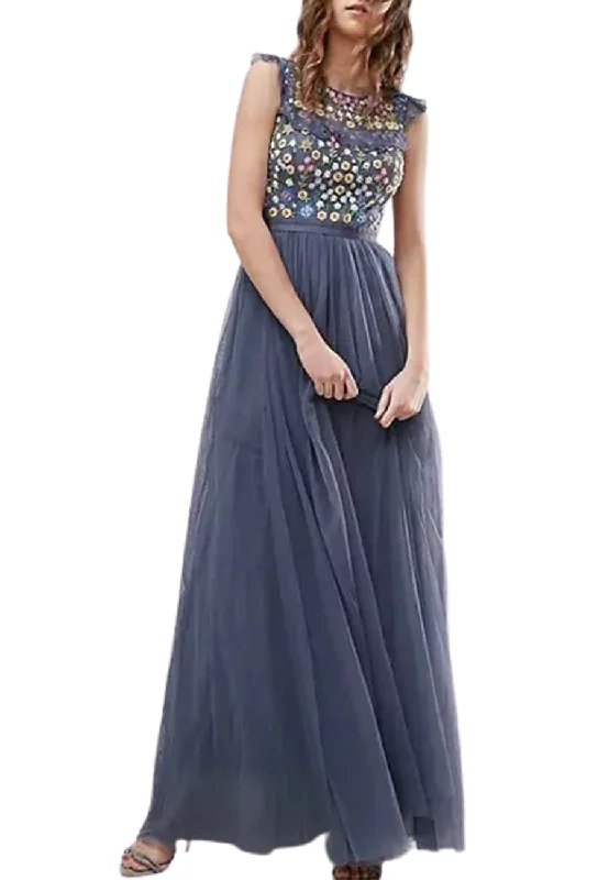 Halter Neck Women Dress to Show Off the Shoulders and NecklineBlue Ditsy Floral Embroidered Maxi Dress Halter Neck Women Dress to Show Off the Shoulders and NecklineBlue Ditsy Floral Embroidered Maxi Dress