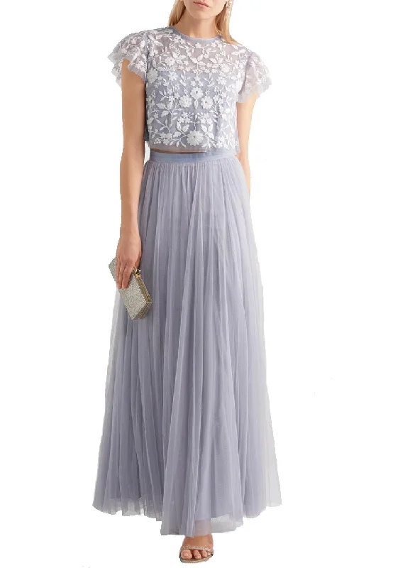 Empire Waist Women Dress to Accentuate the Bust and Conceal the WaistBlue Meadow Embroidered Tulle Cropped Top and Skirt