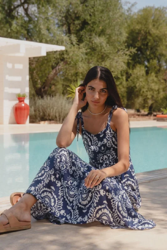 Wrap - Style Women Dress with Adjustable Fit for All Body TypesNimbus Navy Tile Print Strappy Tiered Maxi Dress Wrap - Style Women Dress with Adjustable Fit for All Body TypesNimbus Navy Tile Print Strappy Tiered Maxi Dress