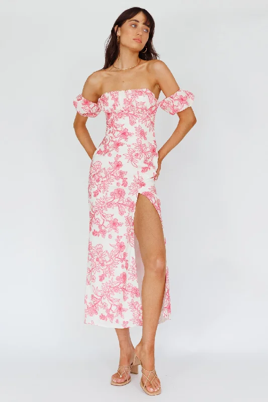 Mermaid - Style Women Dress with a Fitted Silhouette for Special OccasionsOlivier Off-Shoulder Midi Dress Floral Pink Mermaid - Style Women Dress with a Fitted Silhouette for Special OccasionsOlivier Off-Shoulder Midi Dress Floral Pink
