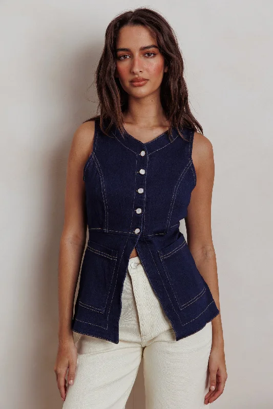Sleeveless Women Dress in Bright Colors for Summer PartiesPhilomena Button Front Pocket Vest Top Denim Sleeveless Women Dress in Bright Colors for Summer PartiesPhilomena Button Front Pocket Vest Top Denim