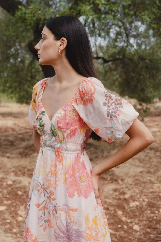 Empire Waist Women Dress to Accentuate the Bust and Conceal the WaistPosy Peach Floral Sweetheart Puff Sleeve Midi Dress Empire Waist Women Dress to Accentuate the Bust and Conceal the WaistPosy Peach Floral Sweetheart Puff Sleeve Midi Dress