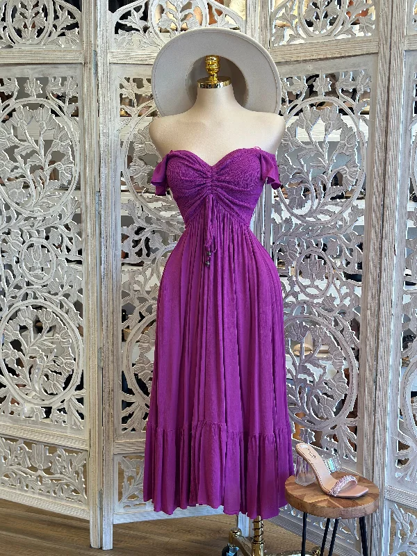 Pleated Women Dress with a Timeless and Elegant TexturePurple Smocked Linen Maxi Dress- Estira, Stretchy Pleated Women Dress with a Timeless and Elegant TexturePurple Smocked Linen Maxi Dress- Estira, Stretchy