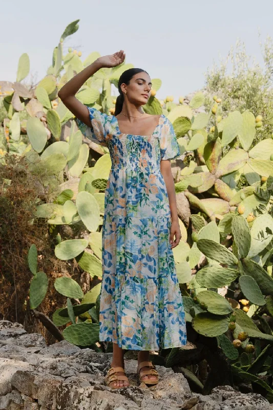 Empire Waist Women Dress to Accentuate the Bust and Conceal the WaistRaven Blue Orange Tropical Puff Sleeve Tiered Maxi Dress Empire Waist Women Dress to Accentuate the Bust and Conceal the WaistRaven Blue Orange Tropical Puff Sleeve Tiered Maxi Dress