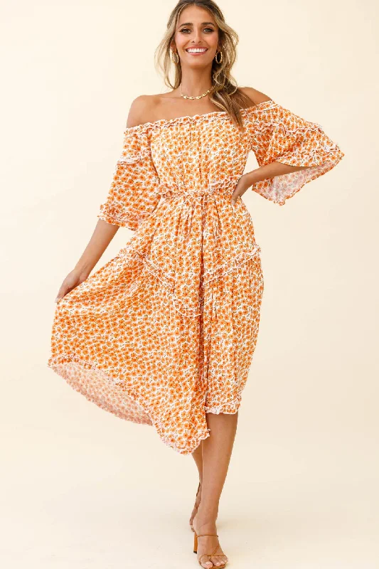 Plus Size Women Dress with a Flattering A - Line Cut for Comfort and StyleRenoir Off-Shoulder Frill Trim Dress Floral Print Orange Plus Size Women Dress with a Flattering A - Line Cut for Comfort and StyleRenoir Off-Shoulder Frill Trim Dress Floral Print Orange