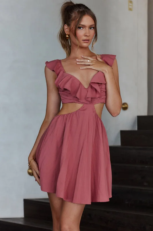 Mini Women Dress with a Short Hem for a Young and Trendy StyleRevel Ruffle Trim Cut-Out Waist Dress Berry Mini Women Dress with a Short Hem for a Young and Trendy StyleRevel Ruffle Trim Cut-Out Waist Dress Berry