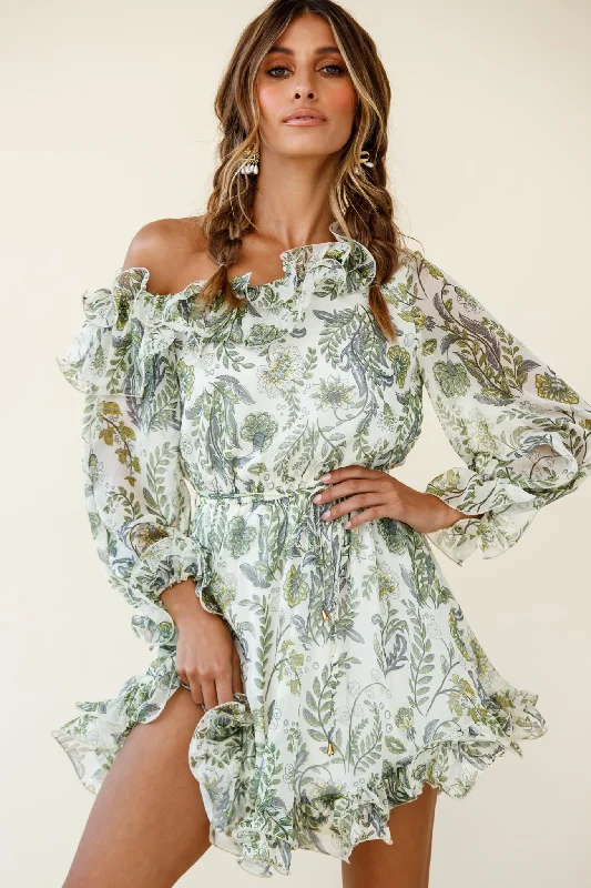 Strapless Women Dress with a Built - in Bra for Comfort and SupportRhiannon Off-Shoulder Lettuce Frill Dress Floral Print White Strapless Women Dress with a Built - in Bra for Comfort and SupportRhiannon Off-Shoulder Lettuce Frill Dress Floral Print White
