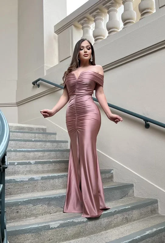 Shift Women Dress with a Simple and Classic Design for Everyday WearRose Gold Heartline Ruched Gown- Slightly Stretchy, Estira Poco Shift Women Dress with a Simple and Classic Design for Everyday WearRose Gold Heartline Ruched Gown- Slightly Stretchy, Estira Poco