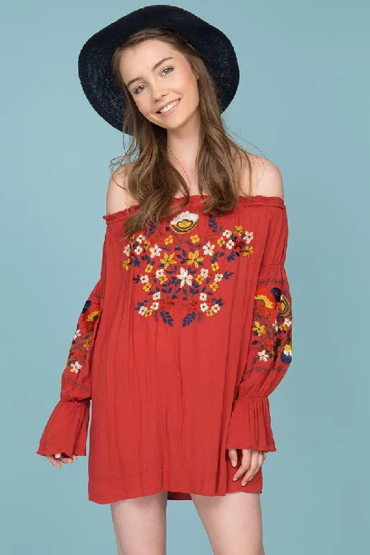 Strapless Women Dress with a Built - in Bra for Comfort and SupportSaige Floral Day Dress Rust Strapless Women Dress with a Built - in Bra for Comfort and SupportSaige Floral Day Dress Rust