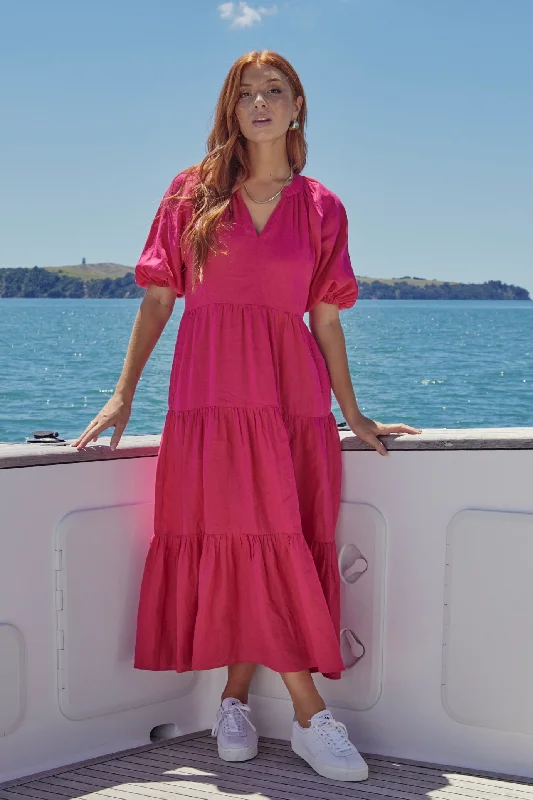Wrap - Style Women Dress with Adjustable Fit for All Body TypesSantorini Raspberry Linen Puff Ss V-Neck Tiered Maxi Dress Wrap - Style Women Dress with Adjustable Fit for All Body TypesSantorini Raspberry Linen Puff Ss V-Neck Tiered Maxi Dress