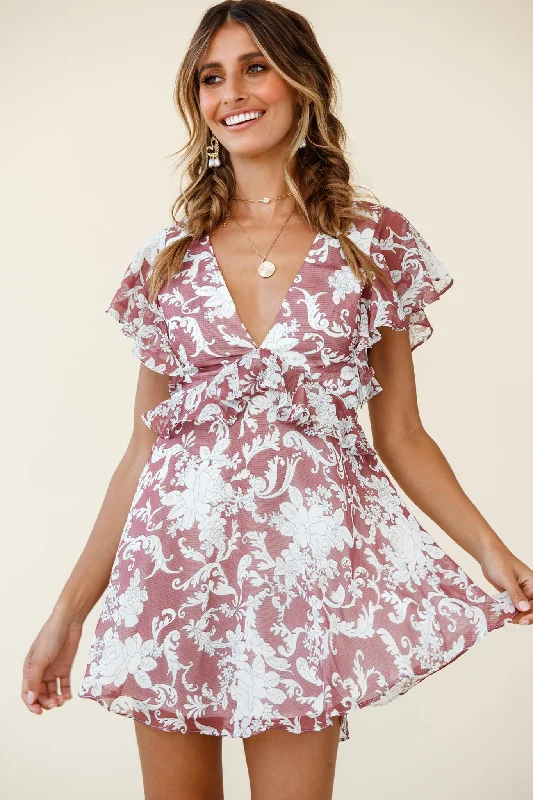 Lace - Embellished Women Dress for an Elegant and Sophisticated AppearanceSay That Again Ruffle Shoulder Dress Ornate Floral Print Maroon Lace - Embellished Women Dress for an Elegant and Sophisticated AppearanceSay That Again Ruffle Shoulder Dress Ornate Floral Print Maroon