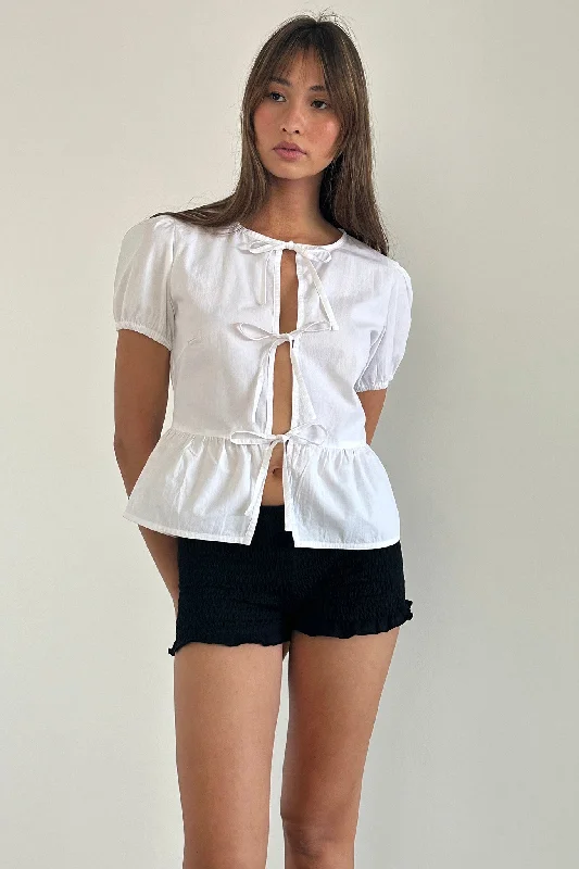 Mermaid - Style Women Dress with a Fitted Silhouette for Special OccasionsScandi Puff Sleeve Tie Front Top White Mermaid - Style Women Dress with a Fitted Silhouette for Special OccasionsScandi Puff Sleeve Tie Front Top White