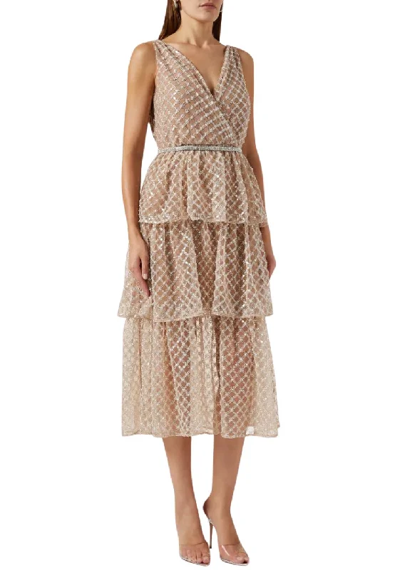 Mini Women Dress with a Short Hem for a Young and Trendy StyleBeige Grid Sequins Tiered Midi Dress Mini Women Dress with a Short Hem for a Young and Trendy StyleBeige Grid Sequins Tiered Midi Dress