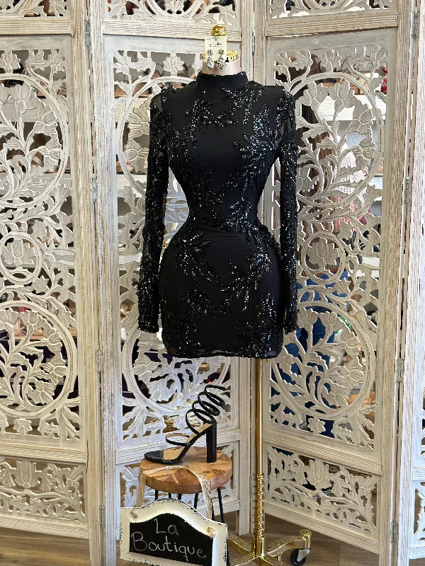 Empire Waist Women Dress to Accentuate the Bust and Conceal the WaistSequin Black Mesh Mini Dress- Stretchy, Estira Empire Waist Women Dress to Accentuate the Bust and Conceal the WaistSequin Black Mesh Mini Dress- Stretchy, Estira