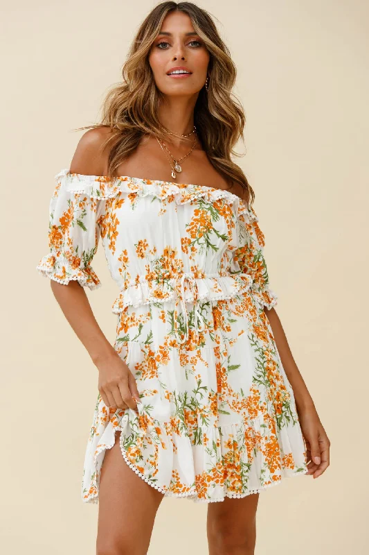Pleated Women Dress with a Timeless and Elegant TextureSierra Bonita Off-Shoulder Drawstring Waist Dress Floral Print Orange Multi Pleated Women Dress with a Timeless and Elegant TextureSierra Bonita Off-Shoulder Drawstring Waist Dress Floral Print Orange Multi