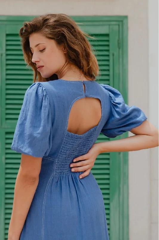 Halter Neck Women Dress to Show Off the Shoulders and NecklineState Lake Blue Linen Blend SS Midi Dress Halter Neck Women Dress to Show Off the Shoulders and NecklineState Lake Blue Linen Blend SS Midi Dress