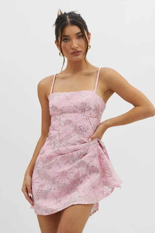 Printed Abstract Women Dress for a Modern and Artistic AppealSterling Gathered Waist Embroidery Mini Dress Pink Printed Abstract Women Dress for a Modern and Artistic AppealSterling Gathered Waist Embroidery Mini Dress Pink