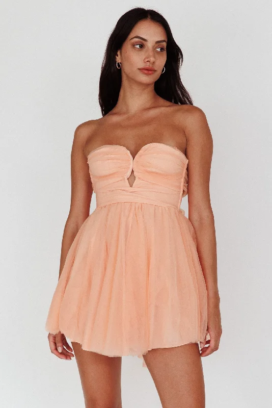 Strapless Women Dress with a Built - in Bra for Comfort and SupportSummer Sweetheart Bow Back Mesh Mini Dress Peach Strapless Women Dress with a Built - in Bra for Comfort and SupportSummer Sweetheart Bow Back Mesh Mini Dress Peach