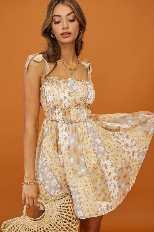 Long - Sleeve Women Dress in Velvet for a Luxurious Winter LookSunset Bellini Tied Shoulder Ruched Bust Dress Floral Print Yellow Multi Long - Sleeve Women Dress in Velvet for a Luxurious Winter LookSunset Bellini Tied Shoulder Ruched Bust Dress Floral Print Yellow Multi