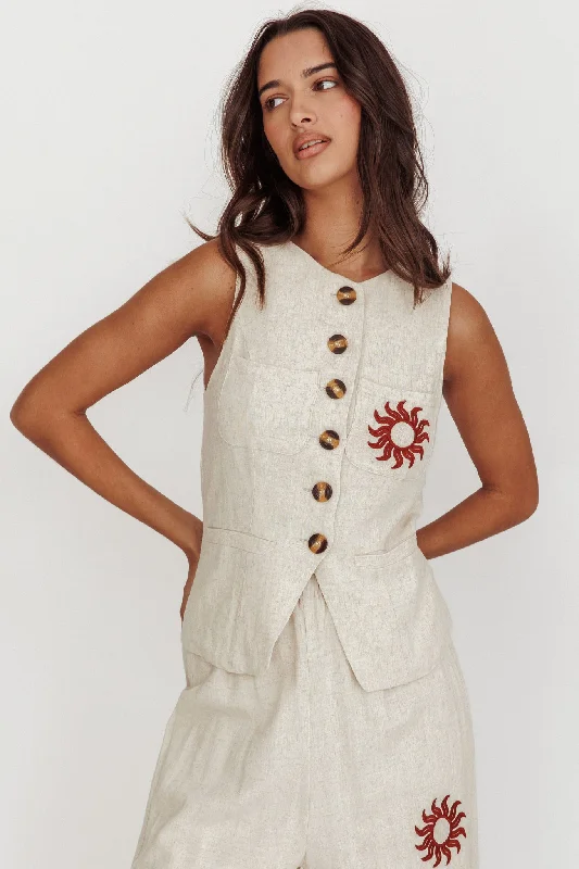 Printed Abstract Women Dress for a Modern and Artistic AppealSwing Of Things Sun Sleeveless Buttoned Vest Oat Printed Abstract Women Dress for a Modern and Artistic AppealSwing Of Things Sun Sleeveless Buttoned Vest Oat