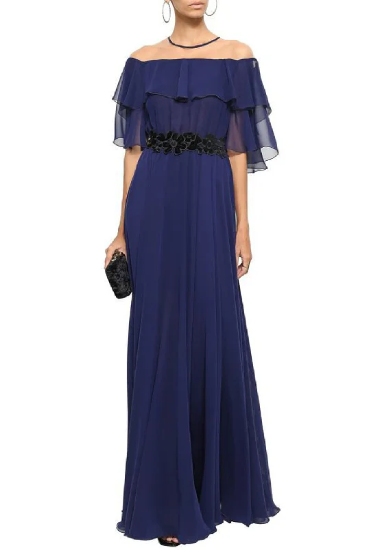 Ruffled Women Dress with Multiple Layers for a Playful and Girly StyleNavy Noemie Cape Chiffon Gown Ruffled Women Dress with Multiple Layers for a Playful and Girly StyleNavy Noemie Cape Chiffon Gown
