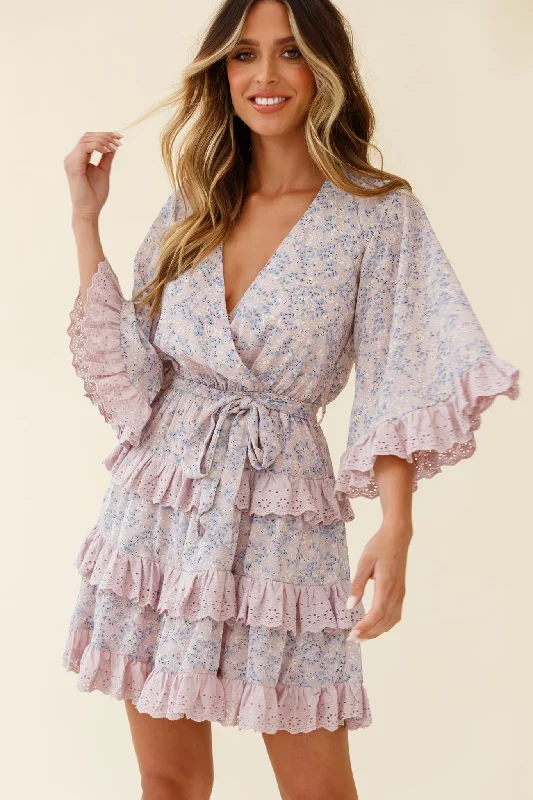 Backless Women Dress for a Sexy and Alluring Look at Evening EventsTulsa 3/4 Sleeve Waist Tie Frill Dress Floral Print Pink