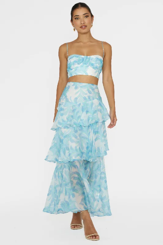 Wrap - Style Women Dress with Adjustable Fit for All Body TypesVeda Tiered Ruffle Maxi Skirt Floral Blue Wrap - Style Women Dress with Adjustable Fit for All Body TypesVeda Tiered Ruffle Maxi Skirt Floral Blue