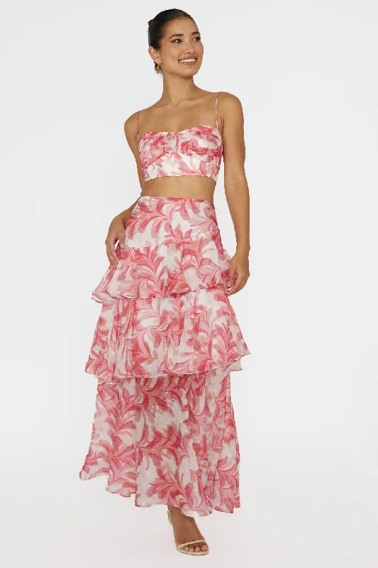 Ruffled Women Dress with Multiple Layers for a Playful and Girly StyleVeda Tiered Ruffle Maxi Skirt Floral Pink Ruffled Women Dress with Multiple Layers for a Playful and Girly StyleVeda Tiered Ruffle Maxi Skirt Floral Pink