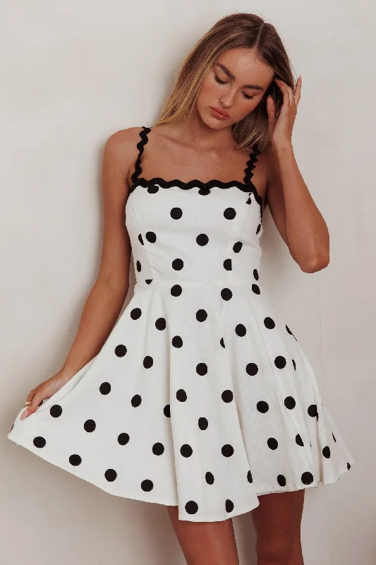 Backless Women Dress for a Sexy and Alluring Look at Evening EventsWon Me Over Polka Dot Ric Rac Mini Dress White Backless Women Dress for a Sexy and Alluring Look at Evening EventsWon Me Over Polka Dot Ric Rac Mini Dress White