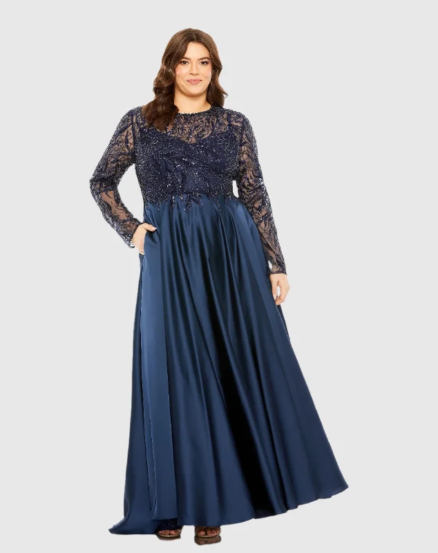 Mermaid - Style Women Dress with a Fitted Silhouette for Special Occasions Mermaid - Style Women Dress with a Fitted Silhouette for Special Occasions Sheer Long Sleeve Beaded Top Satin Gown Mermaid - Style Women Dress with a Fitted Silhouette for Special Occasions Mermaid - Style Women Dress with a Fitted Silhouette for Special Occasions Sheer Long Sleeve Beaded Top Satin Gown