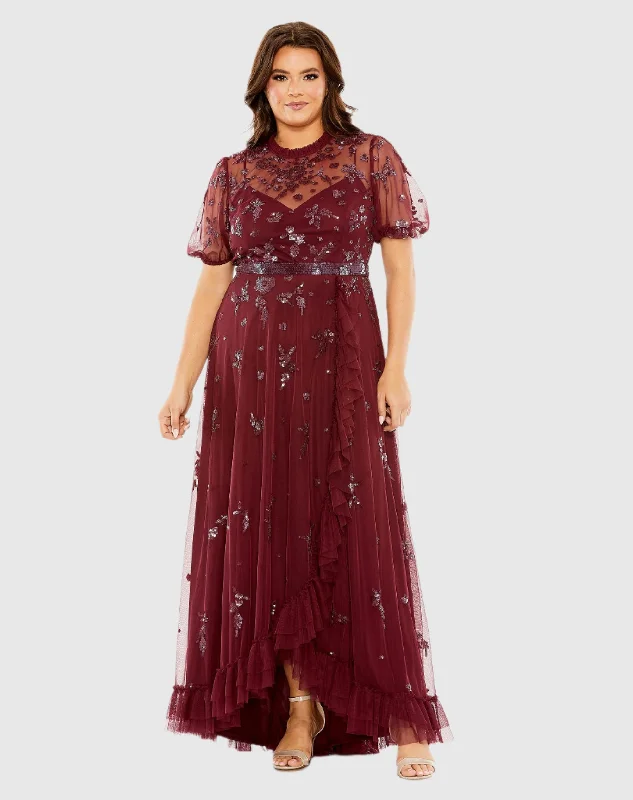 Wrap - Style Women Dress with Adjustable Fit for All Body Types Wrap - Style Women Dress with Adjustable Fit for All Body Types High Neck Puff Short Sleeve Embellished Faux Wrap Gown Wrap - Style Women Dress with Adjustable Fit for All Body Types Wrap - Style Women Dress with Adjustable Fit for All Body Types High Neck Puff Short Sleeve Embellished Faux Wrap Gown