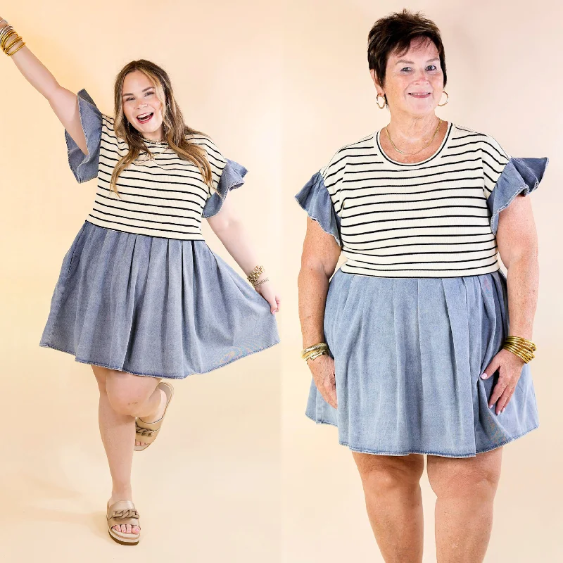 Halter Neck Women Dress to Show Off the Shoulders and Neckline Halter Neck Women Dress to Show Off the Shoulders and Neckline Denim Duo Striped Dress in Cream and Black with Denim Halter Neck Women Dress to Show Off the Shoulders and Neckline Halter Neck Women Dress to Show Off the Shoulders and Neckline Denim Duo Striped Dress in Cream and Black with Denim