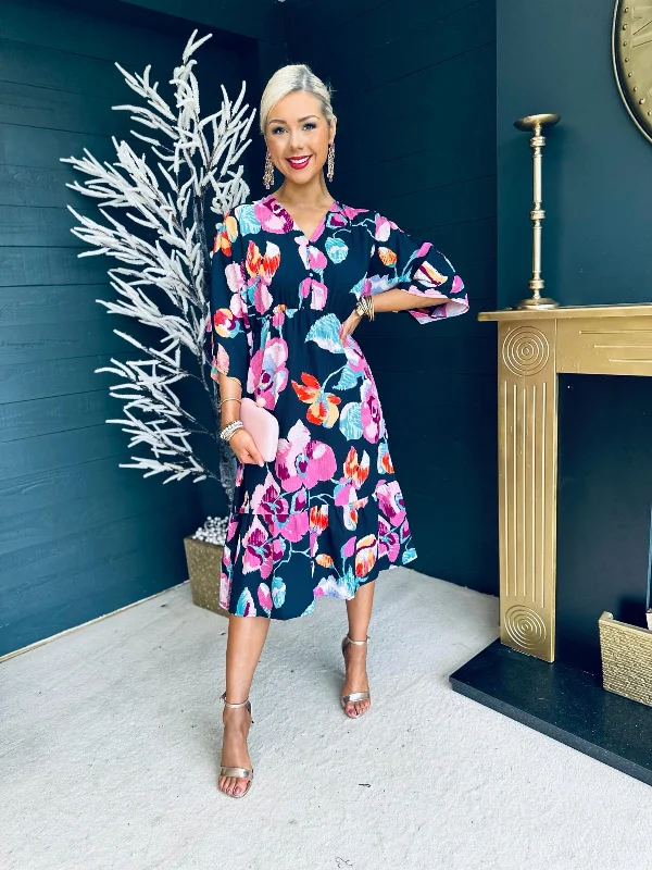 Mermaid - Style Women Dress with a Fitted Silhouette for Special Occasions Mermaid - Style Women Dress with a Fitted Silhouette for Special Occasions Josie Black Floral Tiered Midi Dress Mermaid - Style Women Dress with a Fitted Silhouette for Special Occasions Mermaid - Style Women Dress with a Fitted Silhouette for Special Occasions Josie Black Floral Tiered Midi Dress