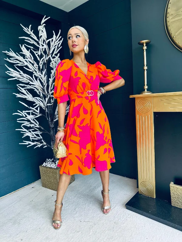 Sleeveless Women Dress in Bright Colors for Summer Parties Sleeveless Women Dress in Bright Colors for Summer Parties Nadine Buckle Detail Midi Dress Pink & Orange