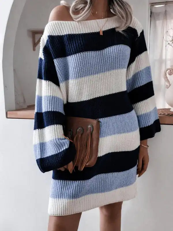 Sheath Women Dress with a Tailored Fit for a Professional Look Sheath Women Dress with a Tailored Fit for a Professional Look Women’s straight neck off shoulder loose contrast striped knitted wool dress
