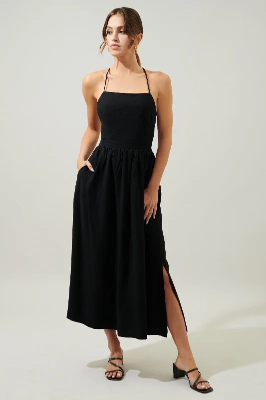 Aisha Open Back Lace Up Midi Dress